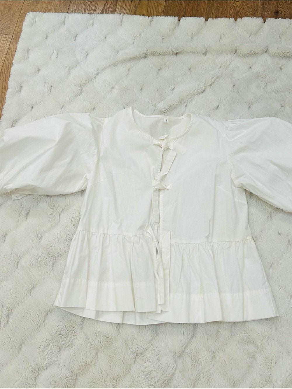 Amazon White Tie-Front Peplum Blouse with Puff Sleeves